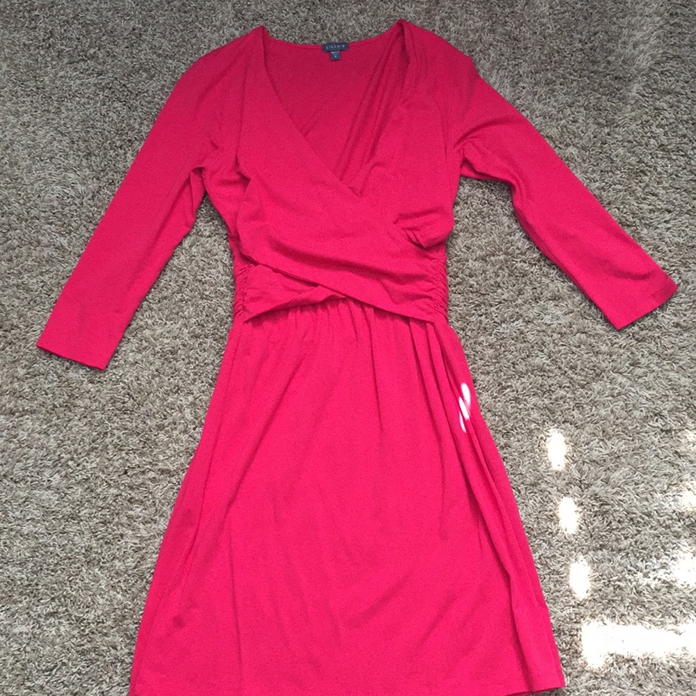 Pink wrap dress by designer Lila P. Made in Peru.